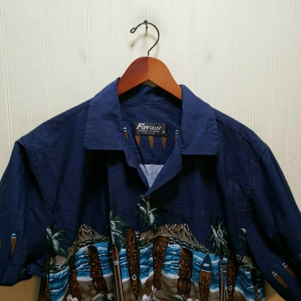 Favant Shirt Mens XL Blue Hawaiian Tiki Beach 100% Cotton Short Sleeve Button-Up